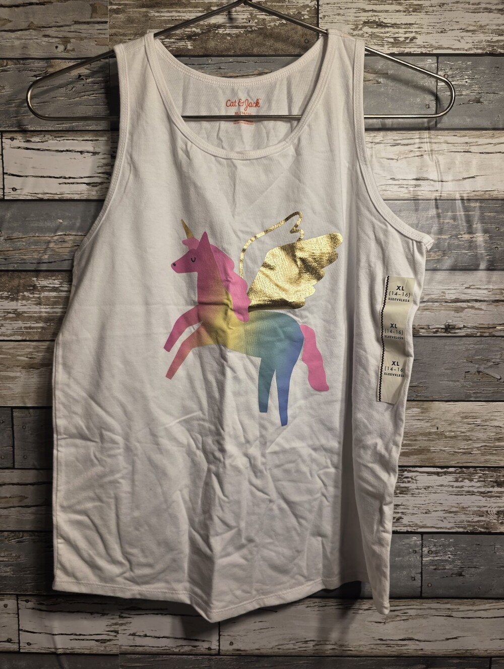 Cat & Jack White Tank Top with Rainbow Unicorn and Gold Wings